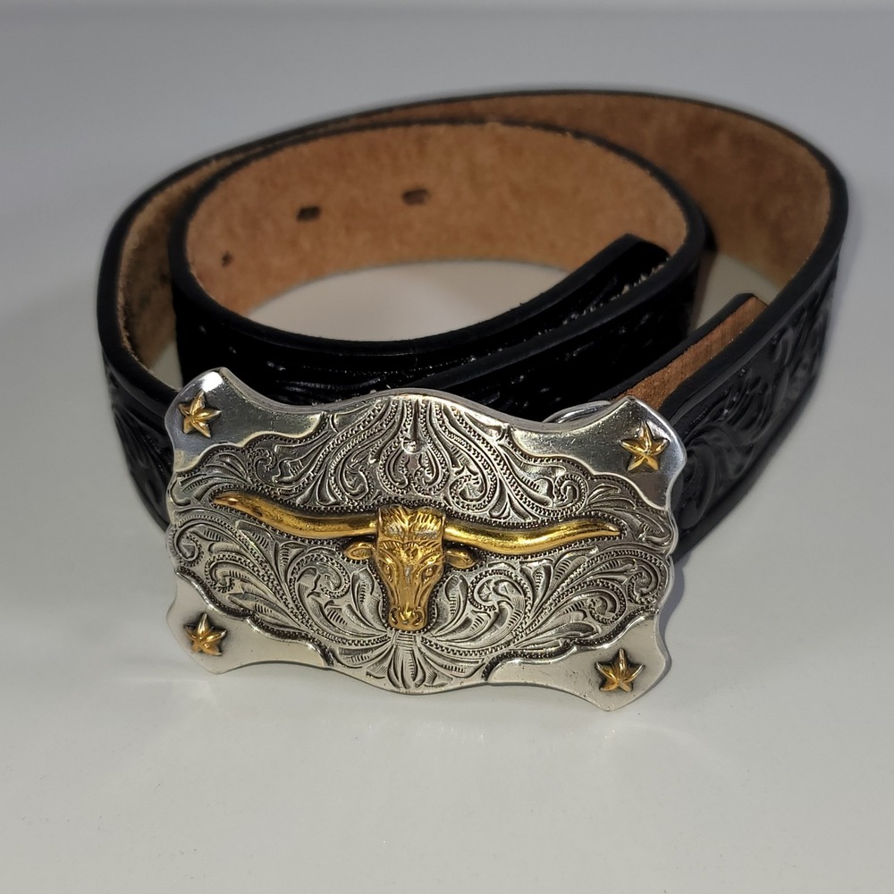 Tony Lama Youth Black Tooled Leather Western Belt Gold Longhorn Buckle Size 24